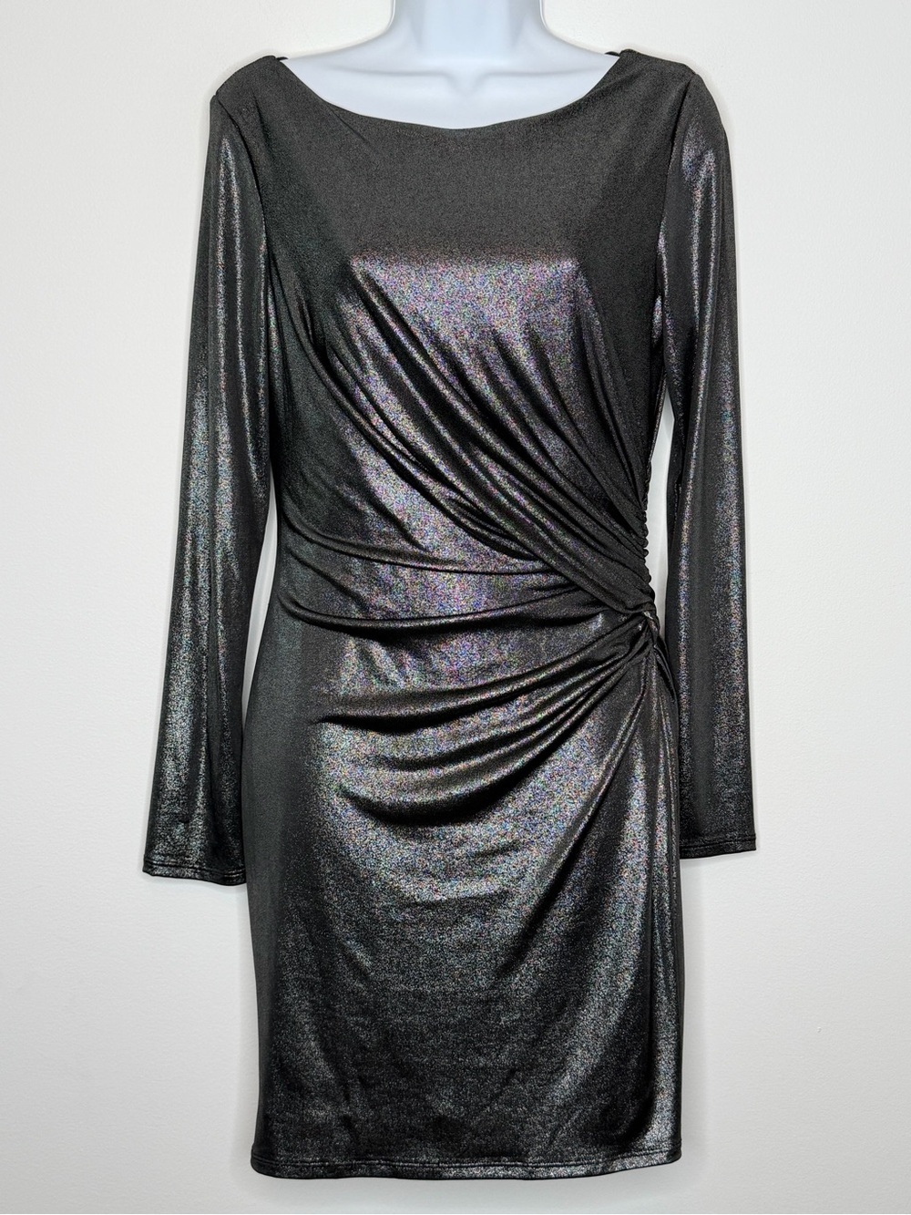 Soprano Black Silver Metallic Ruched Long Sleeve Dress